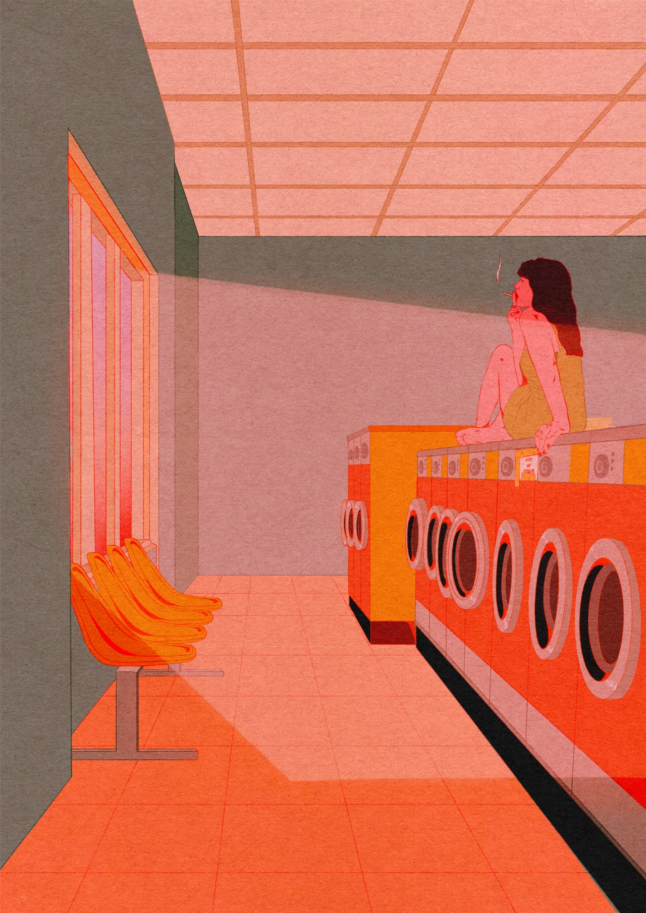 Woman sitting on an orange washing machine in a laundromat bathed in warm pink and orange light, with a glowing window and striped chair visible