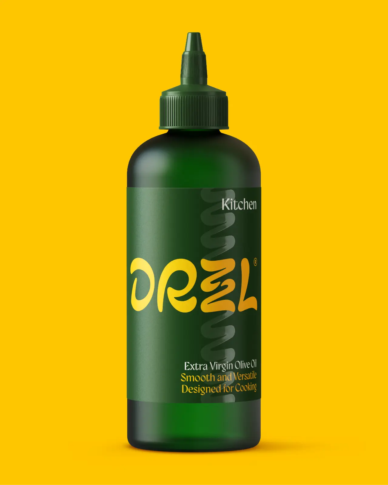 Dark green bottle of Drzzl extra virgin olive oil with yellow and orange lettering on a bright yellow background