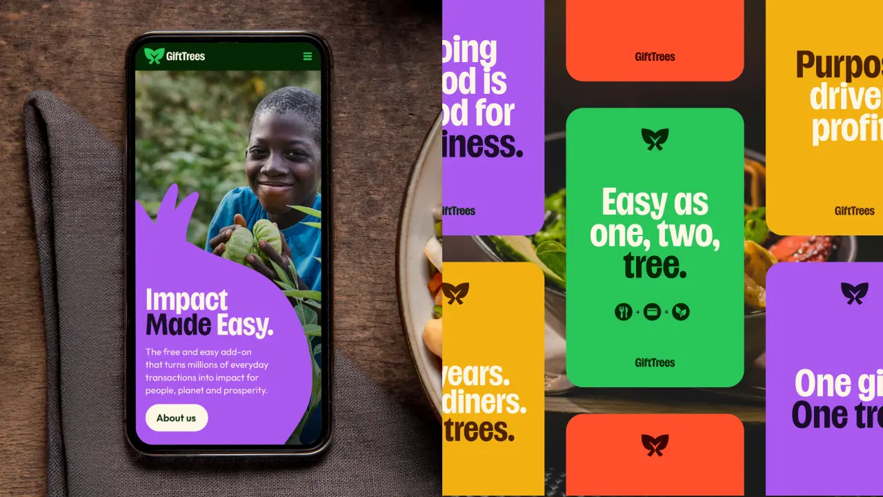 Smartphone and coloured branded cards displaying GiftTrees' new visual identity with bold typography and the company's butterfly logo on purple, green, orange and yellow backgrounds