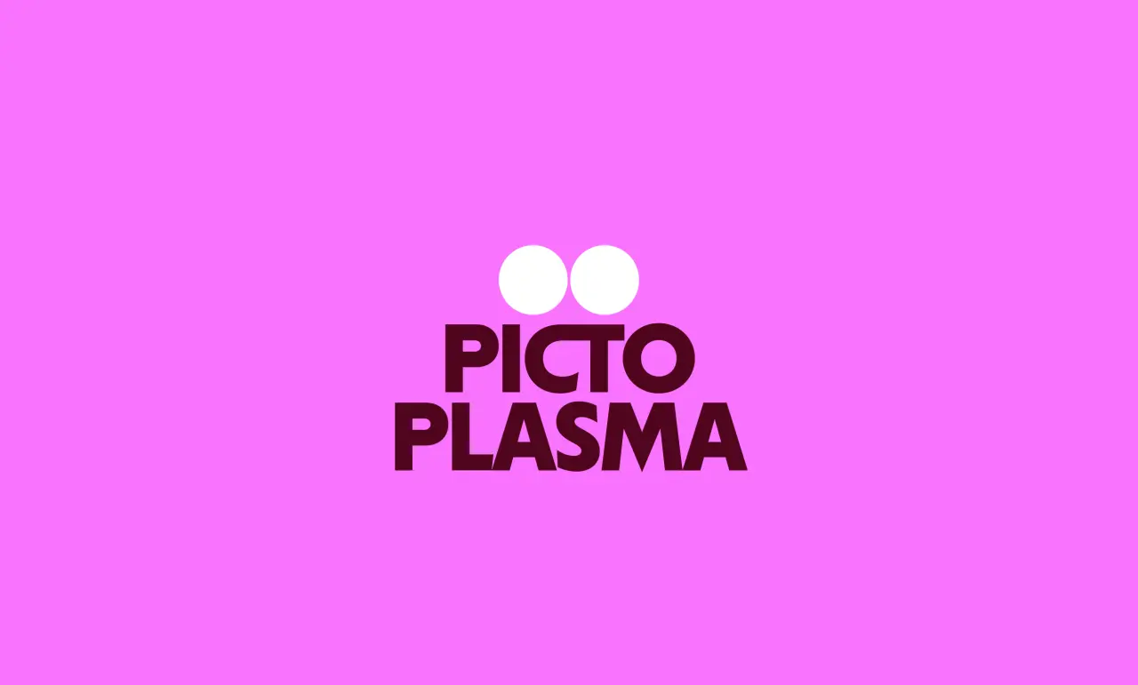 Pictoplasma logo with two white circles above dark purple text on bright magenta background