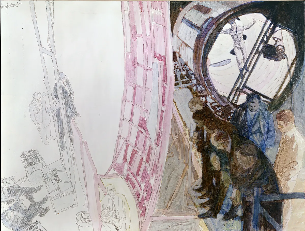 Kubrick with camera team and revolving camera. Keir Dullea in tube passage, 2001: A Space Odyssey