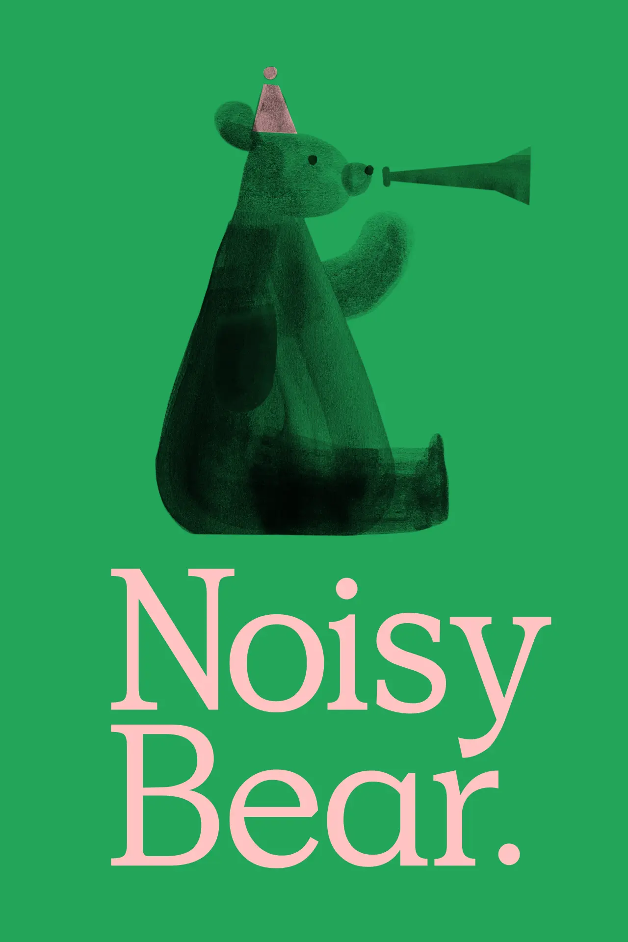 A stylised green bear wearing a party hat and holding a megaphone against a bright green background, with "Noisy Bear" text below in pink lettering
