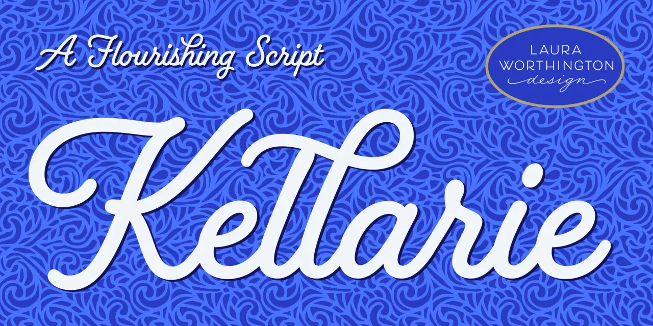 Kellarie typeface by Laura Worthington displayed in white flowing script on a deep blue patterned background