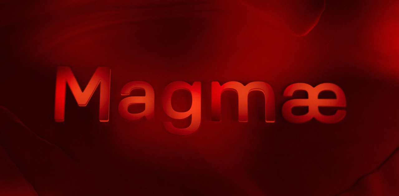 Magmae typeface name displayed in bold red letters against a dark red gradient background