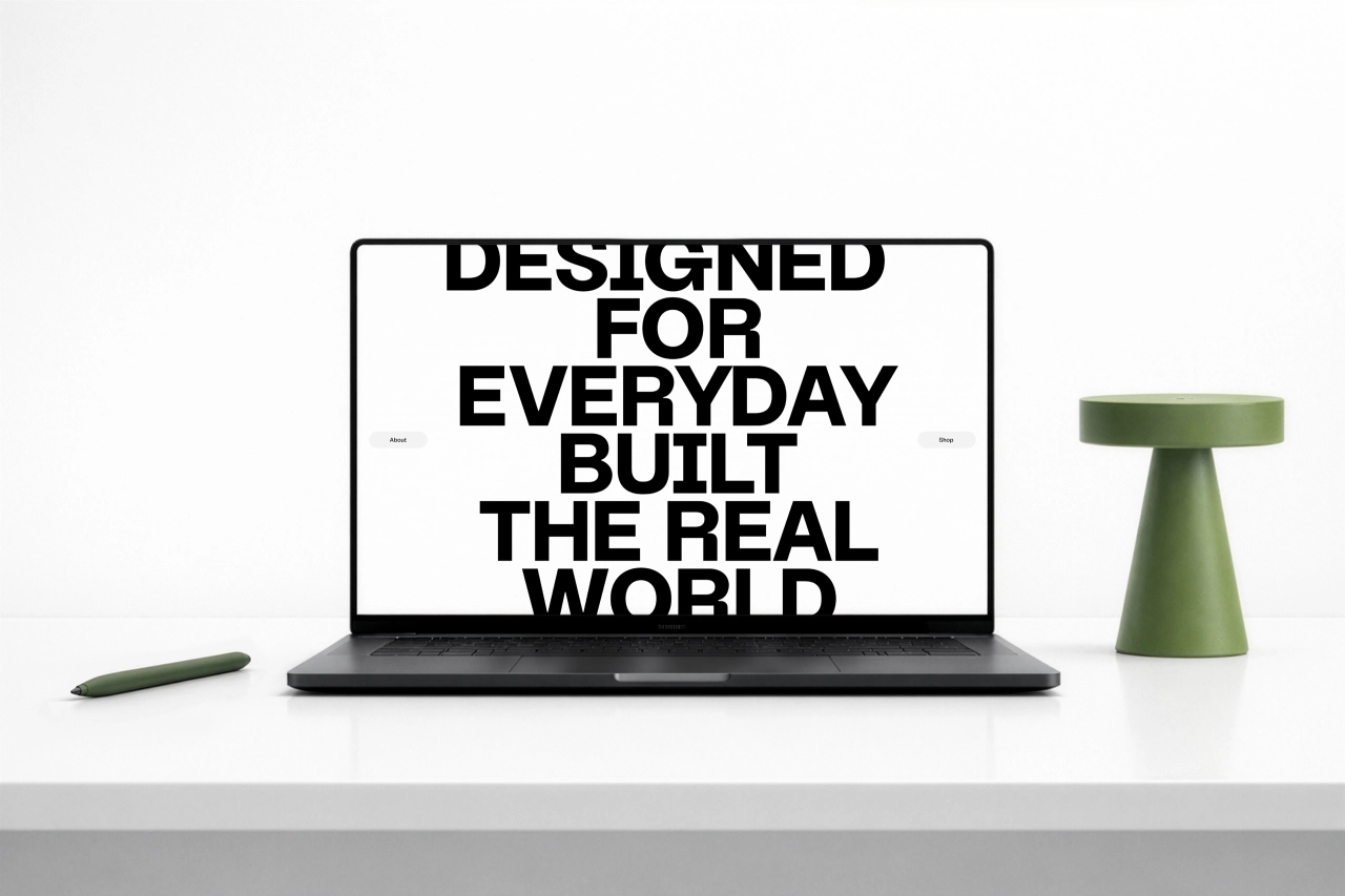 Laptop displaying text "Designed for Everyday Built the Real World" flanked by a green cone-shaped object and a small pen on a white surface
