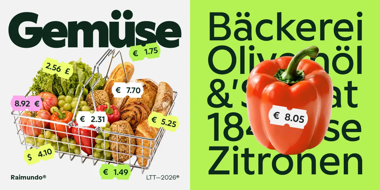 Shopping basket with labelled groceries and prices on left; tomato with price label on right with German text