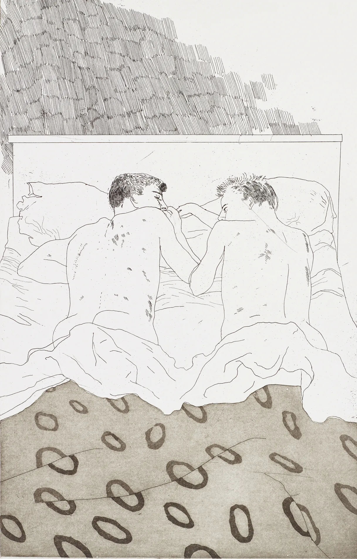 David Hockney, TWO BOYS AGED 23 OR 24 FROM 'ILLUSTRATIONS FOR FOURTEEN POEMS FROM C.P CAVAFY', 1966-67. Arts Council Collection, Southbank Centre, London © David Hockney