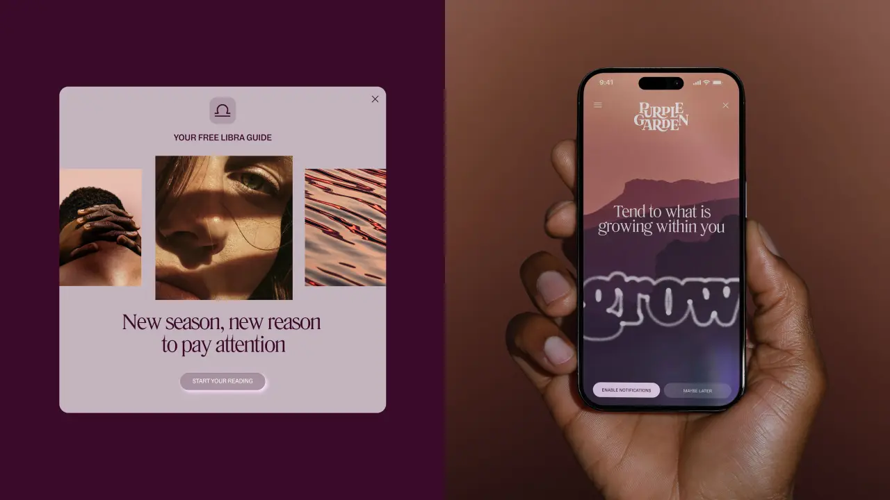 Left: Purple card displaying three images and text reading "New season, new reason to pay attention". Right: Hand holding smartphone showing Purple Garden app with text "Tend to what is growing within you