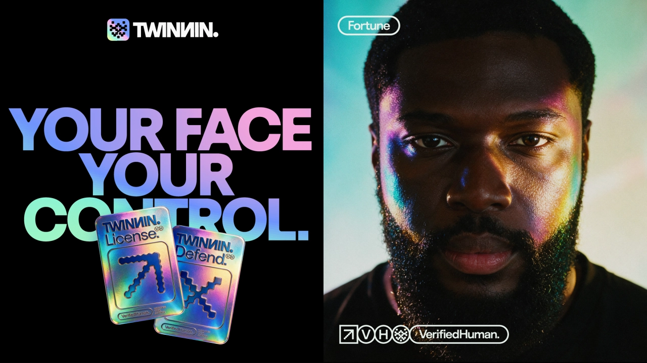 Man's face in warm-toned lighting with Twinnin and VerifiedHuman logos displayed alongside social media icons