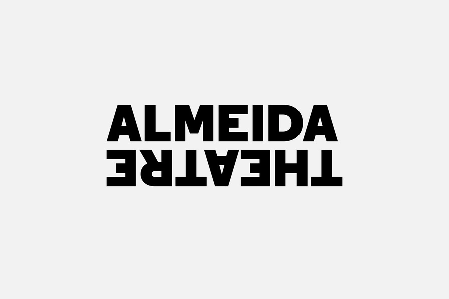 Black text reading "ALMEIDA" with "THEATRE" mirrored below it on a light grey background