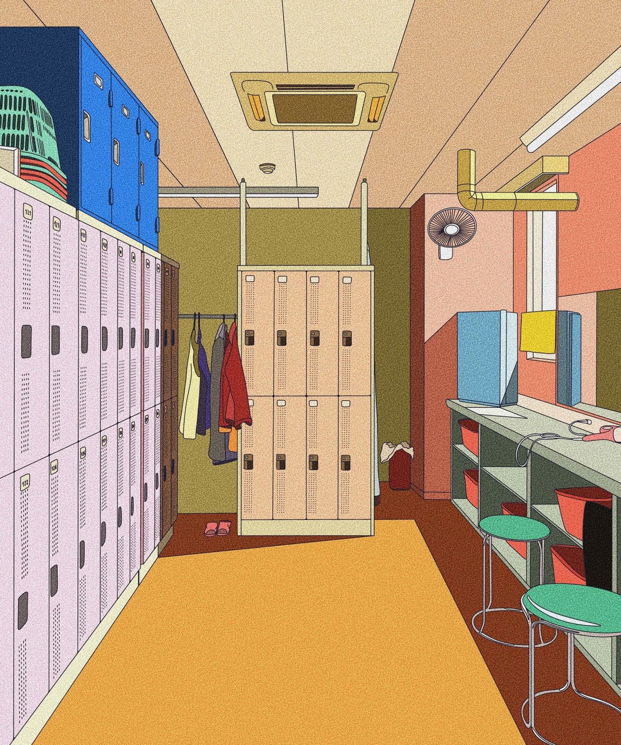 Colourful illustration of a school locker room with open lockers, clothes hanging, a desk with stools and a fan mounted on a coral-pink wall