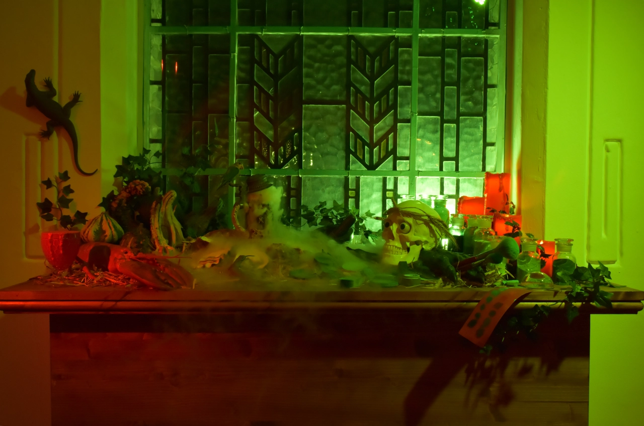 Vanitas installation, with themes of death and decay.