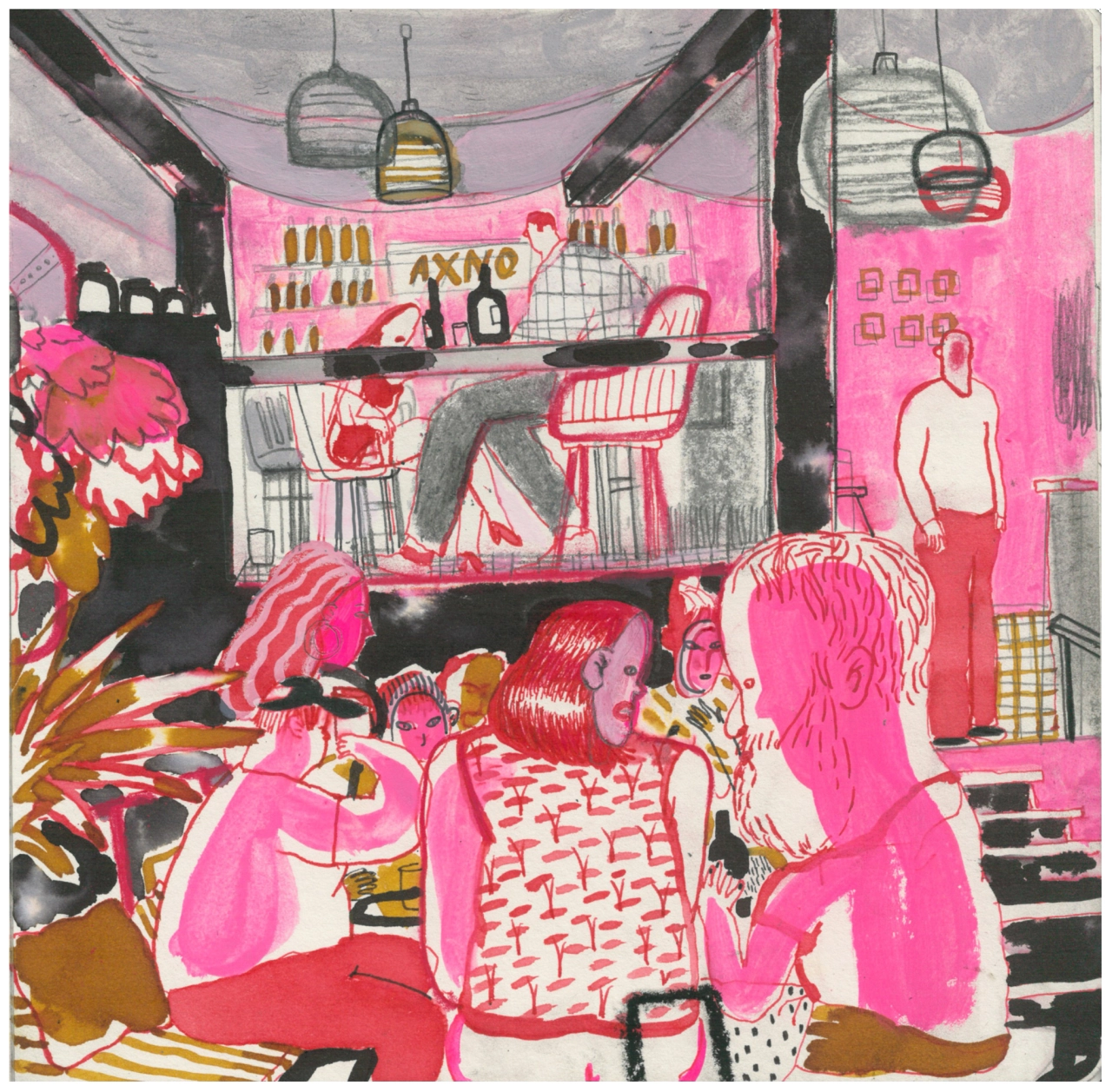Vibrant illustration in pinks and blacks showing two women from behind at a salon counter with hanging pendant lights and shelves of products behind them