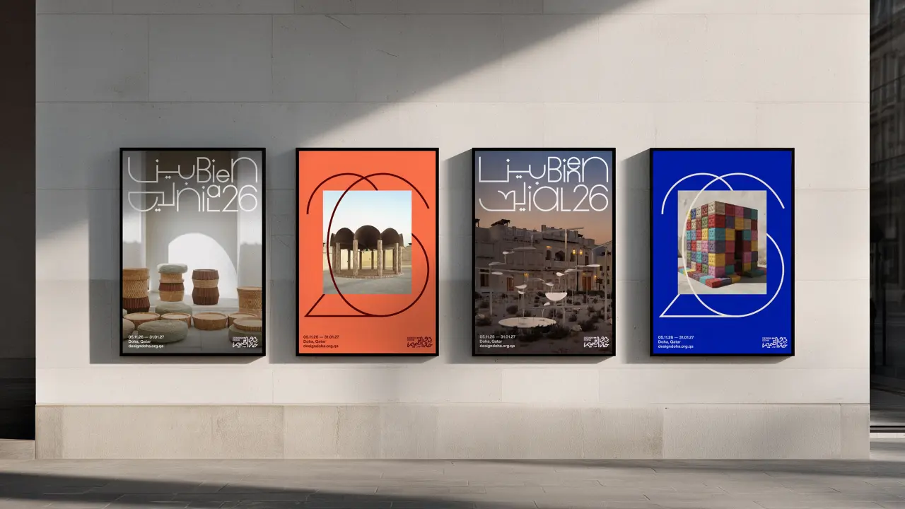Four posters for Design Doha Biennial 2026 with interweaving Arabic and English letterforms on white, orange, grey and blue backgrounds