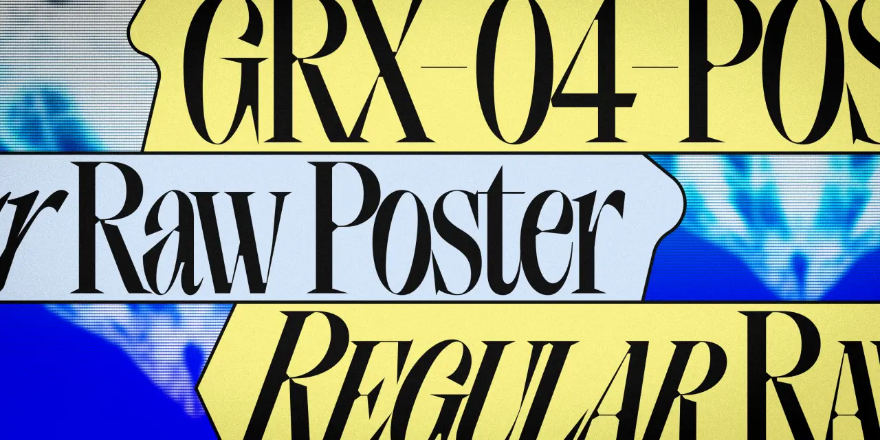 Close-up of yellow and blue typography displaying typeface names including "Raw Poster" and "Regular
