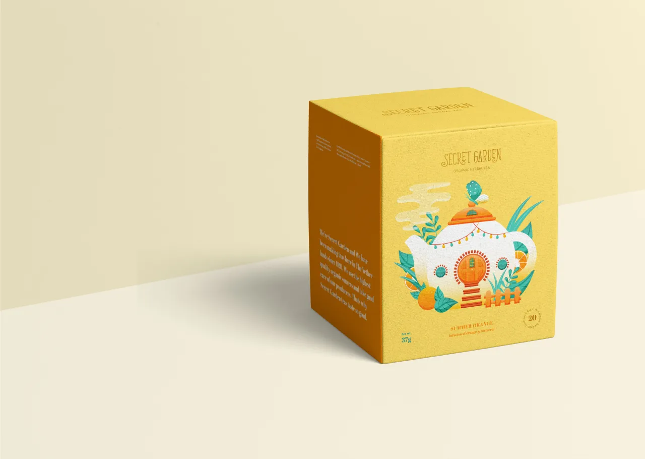 Yellow packaging box for Secret Garden tea featuring an illustrated teapot design with botanical elements and hot air balloon details by Noa Maller