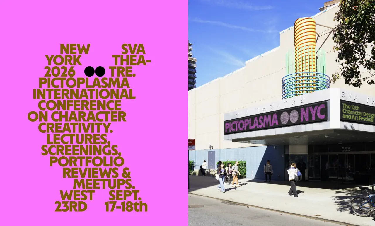 Pink promotional poster for New York Pictoplasma 2026 next to photo of the festival venue's modernist entrance with signage and tall building in background