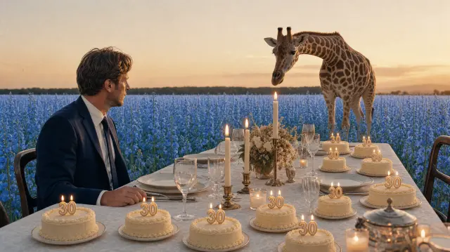 Man in a suit seated at a formal dinner table with candles and cakes, facing a giraffe in a blue flower field at sunset