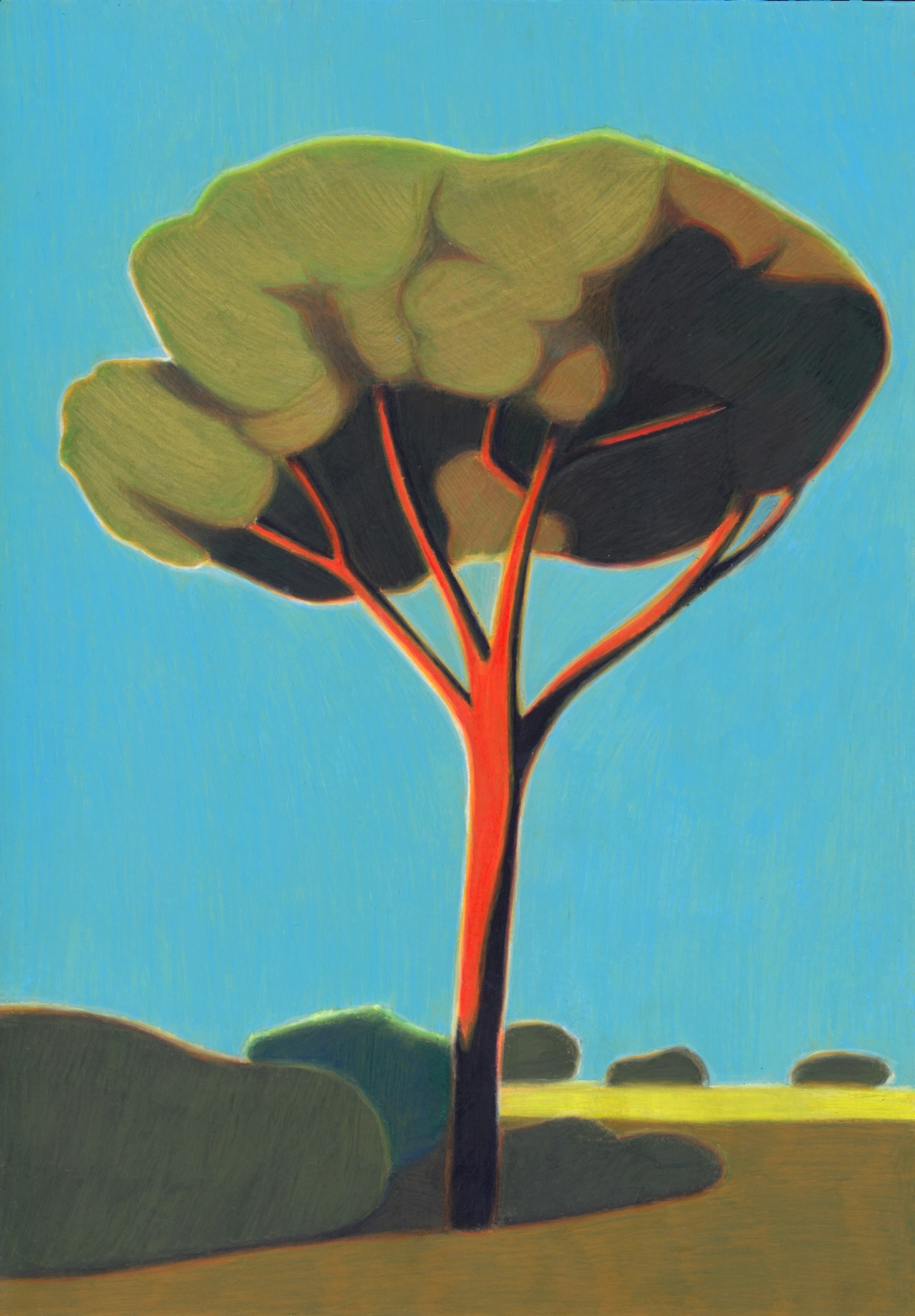 Stylised illustration of a tree with a bright red trunk and orange branches supporting a luminous yellow-green canopy against a clear blue sky, with simplified rolling hills and shrubs below
