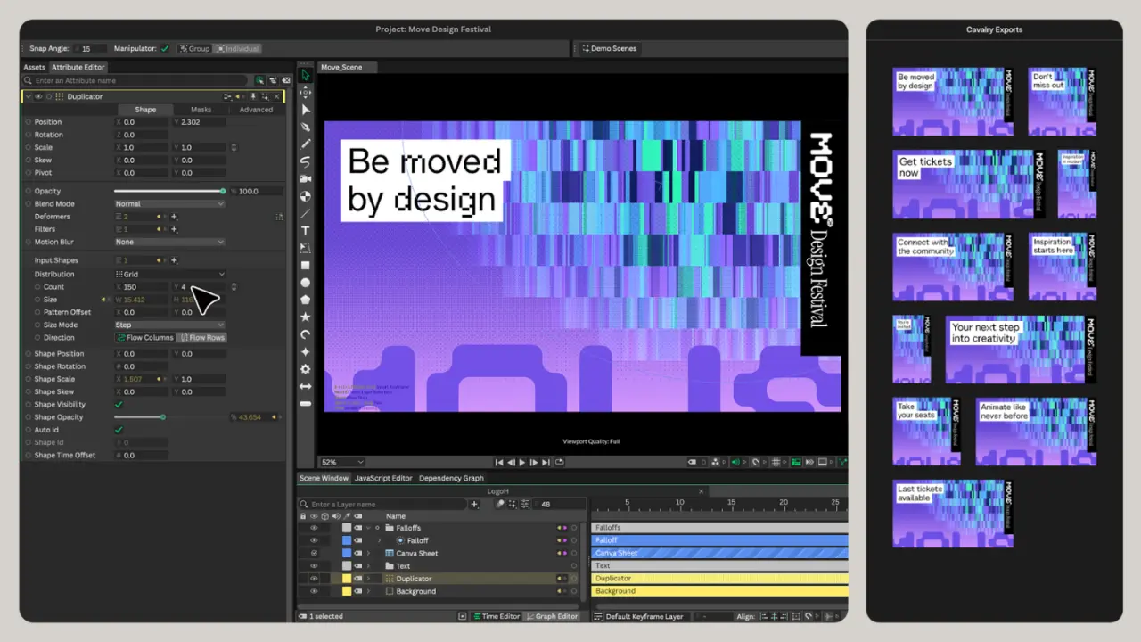 Cavalry motion design software displays a purple pixelated cityscape with "Be moved by design" text overlay, surrounded by settings panels and preview thumbnails