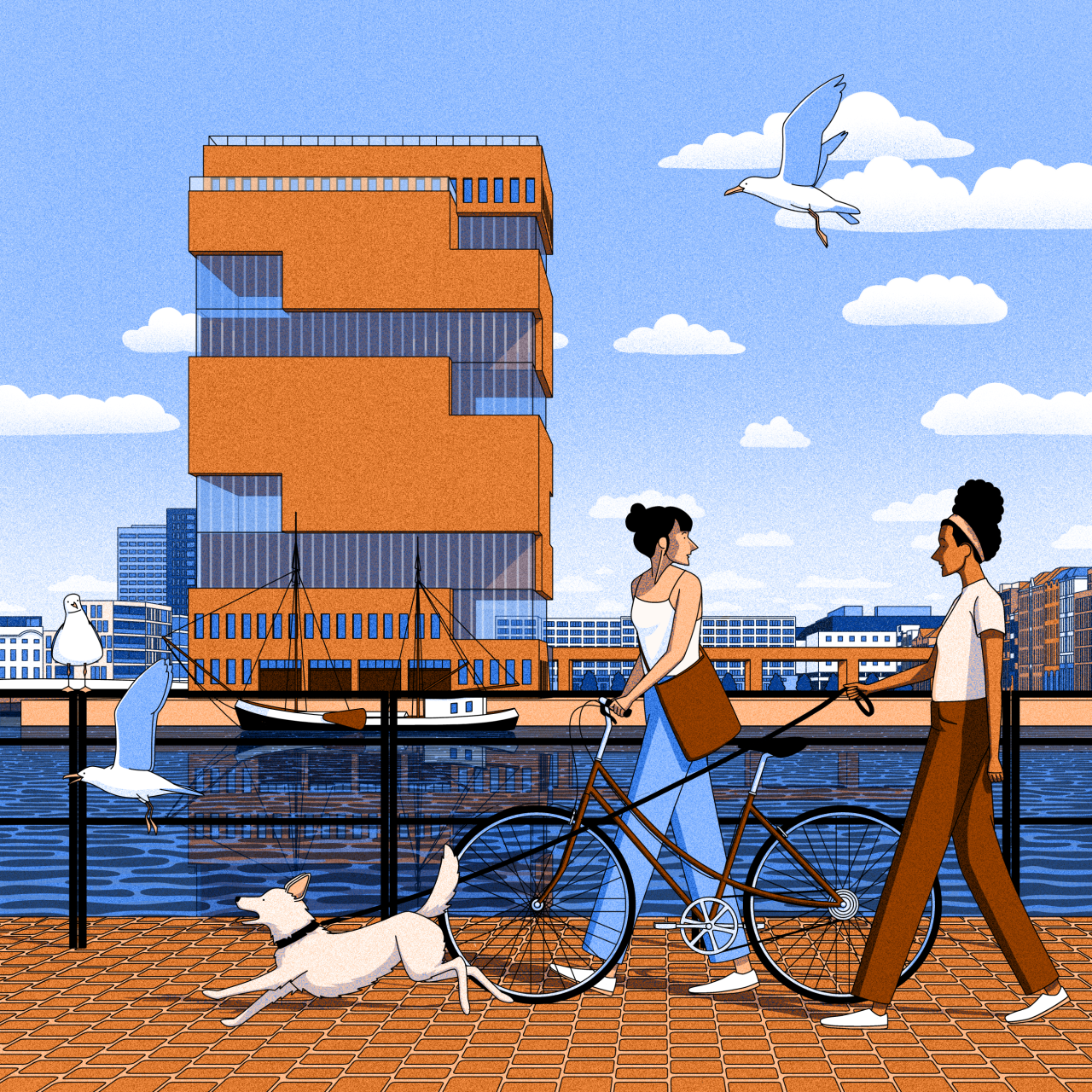 Illustrated urban waterfront scene with two people, a dog and cycling, an orange and blue building, and a bird flying overhead