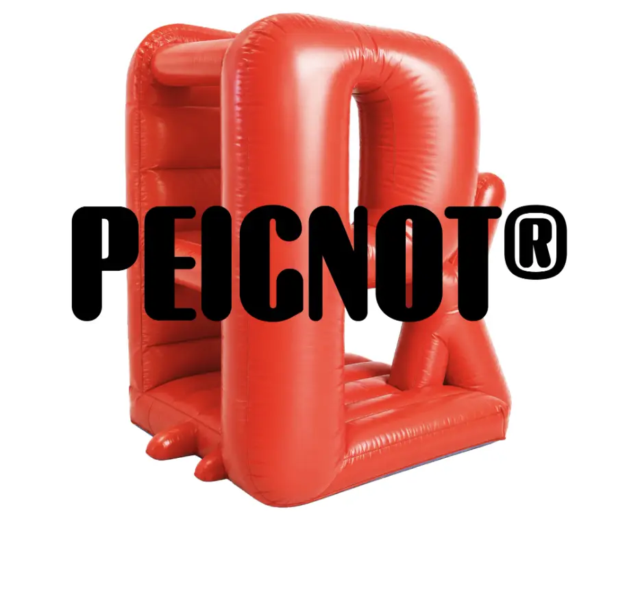 Bright red inflatable Peignot typeface letterforms displayed against a white background with the Peignot registered trademark logo overlaid in black text