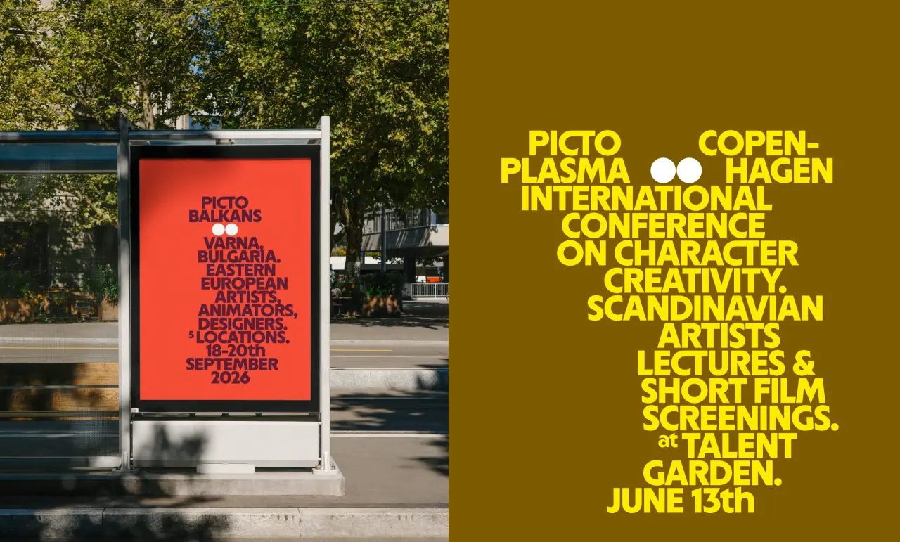 Red poster displaying Pictoplasma festival information mounted on a street advertising board with trees in background, alongside yellow text describing the Copenhagen International Conference on Character Creativity and Scandinavian Artists lectures and s