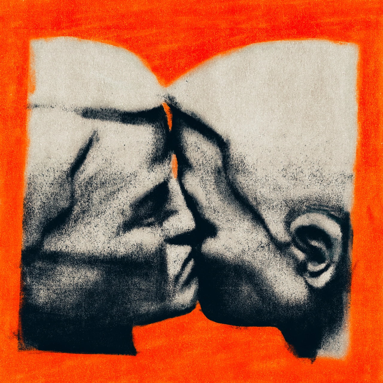 Two faces in profile kissing against a bright orange background in Casey Roarty's Is This Still Available? series