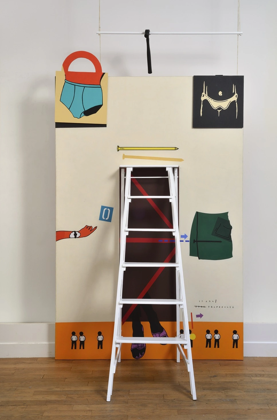 Hervé Télémaque, Confidence, 1965, Magna on canvas, painter’s stepladder, carpenter’s hammer, rod and ropes 211 x 130 x 86 cm. Photograph: Jean-Louis Losi © Hervé Télémaque, ADAGP, Paris and DACS, London 2021.