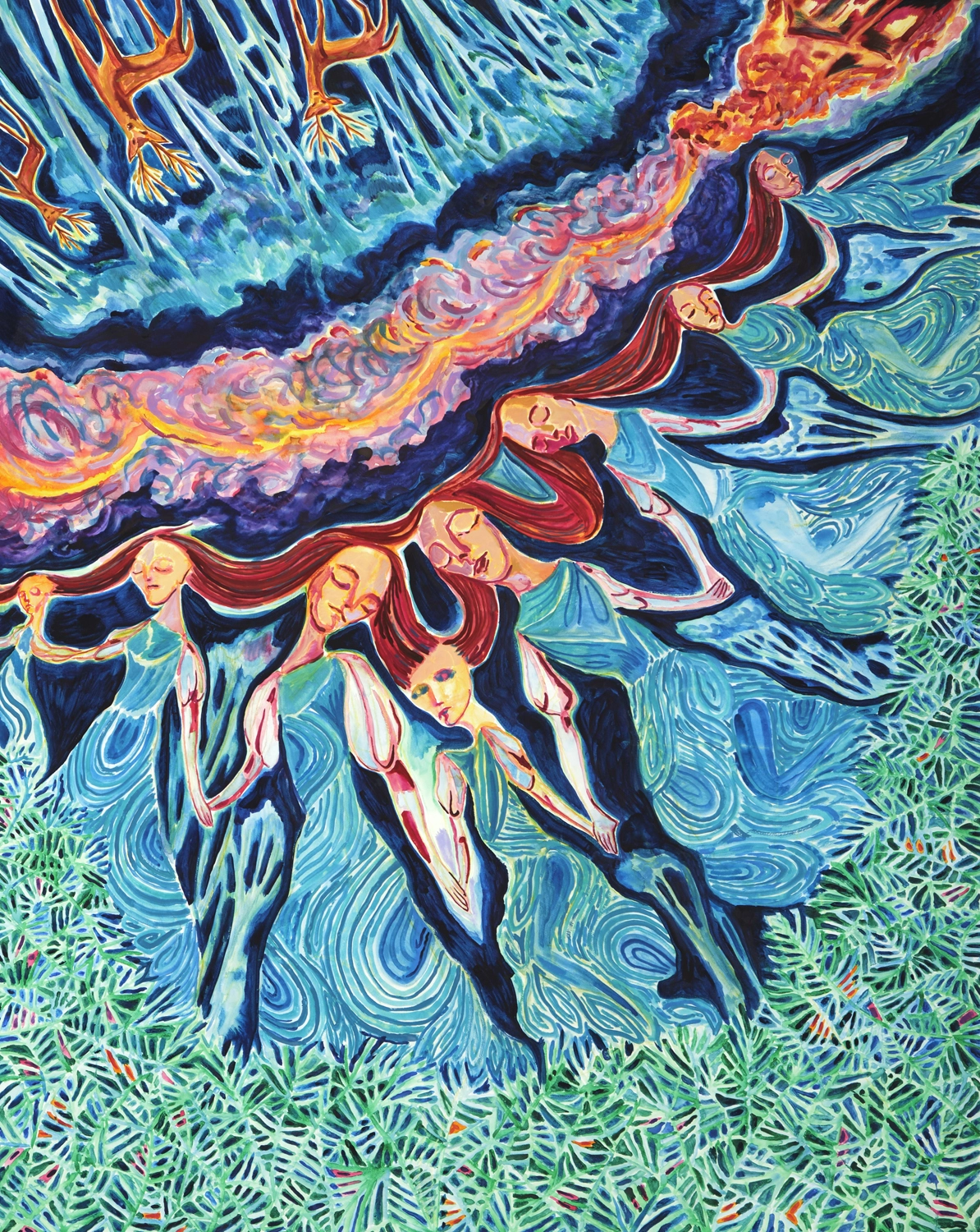 Arusha Gallery, John Abell, Fire in the Night, 2019, watercolour on paper, 153 x 121cm. Photo credit: [John Sinclair](http://www.thebigsink.com)