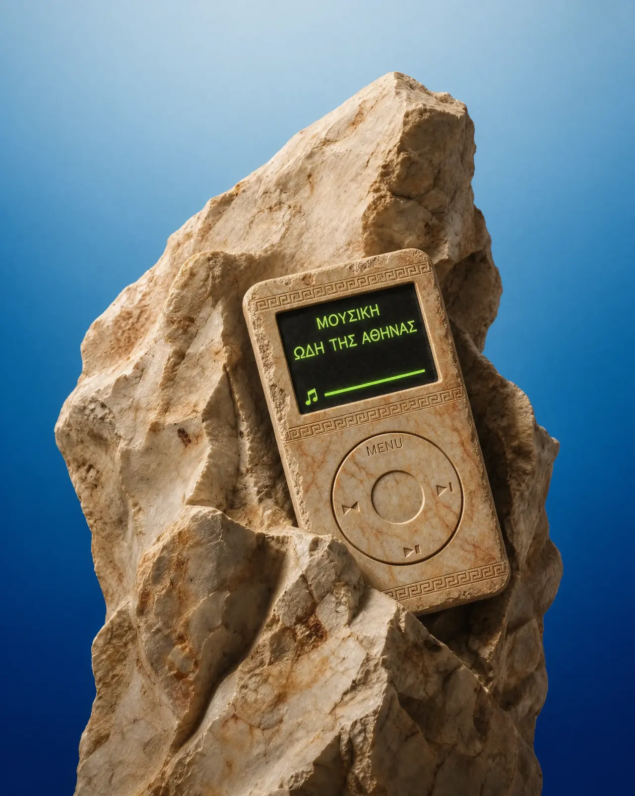 Stone column against a clear blue sky with an ancient Greek-style portable music device displaying Greek text on its screen