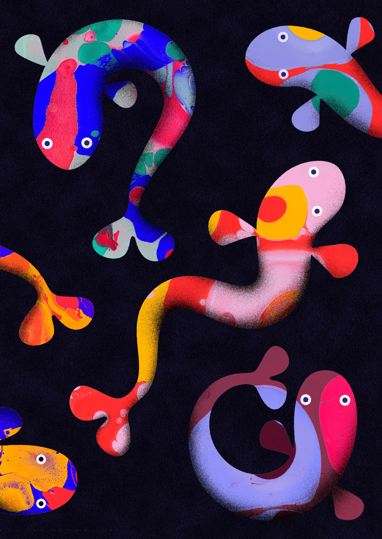 Kois: "This work tries to capture the beauty of koi carp. I made marbled paper and used these analog structures."