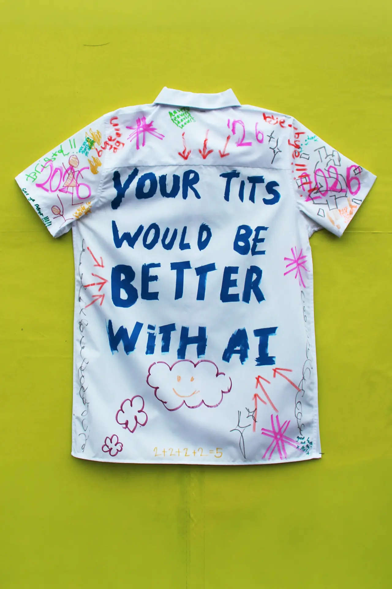 White school leavers' shirt with handwritten text and drawings on bright yellow background, part of Everyone's Invited campaign about AI-enabled sexual harm