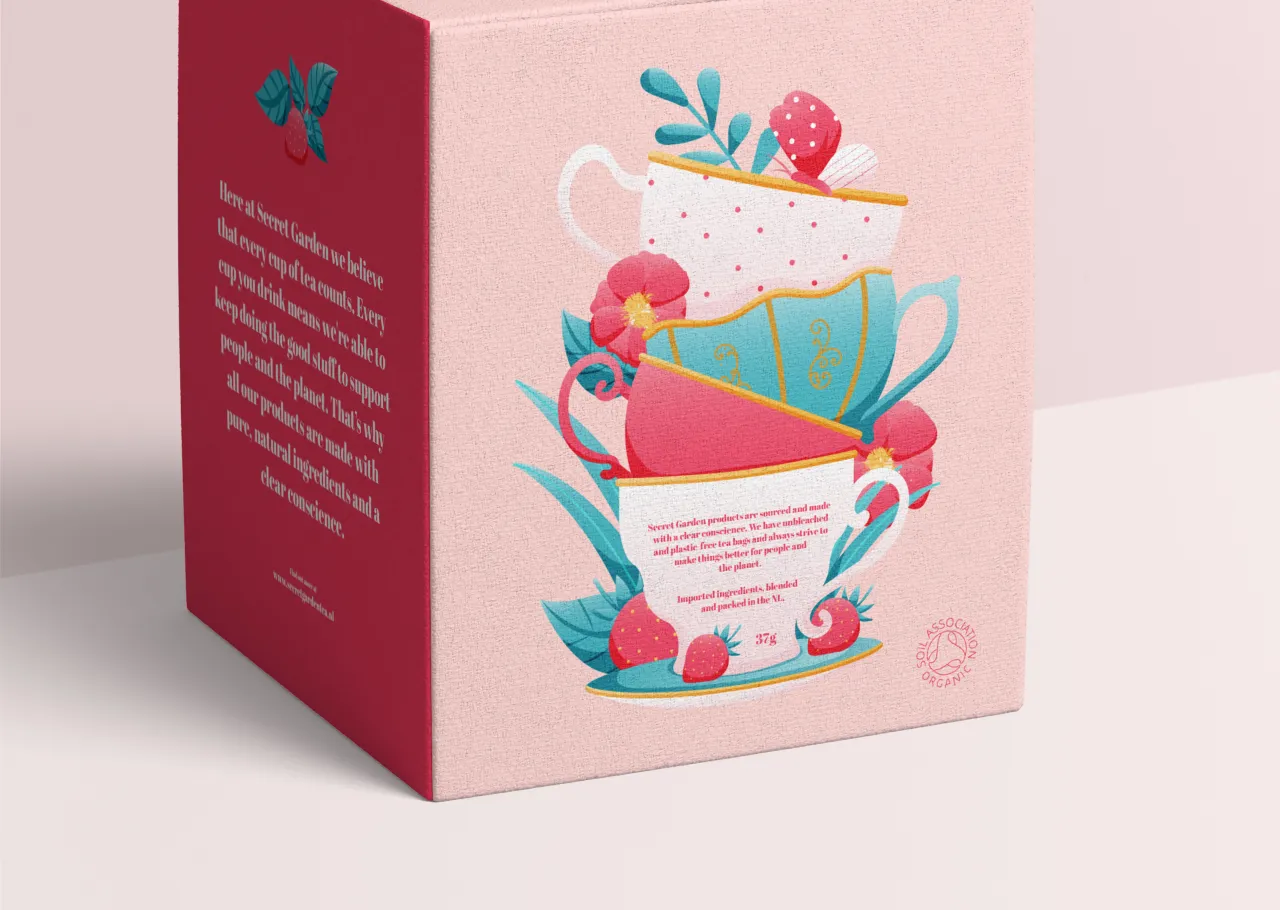 Secret Garden tea packaging box featuring stacked teapots illustrated with strawberries, leaves and botanical elements in coral, turquoise and cream tones by Noa Maller