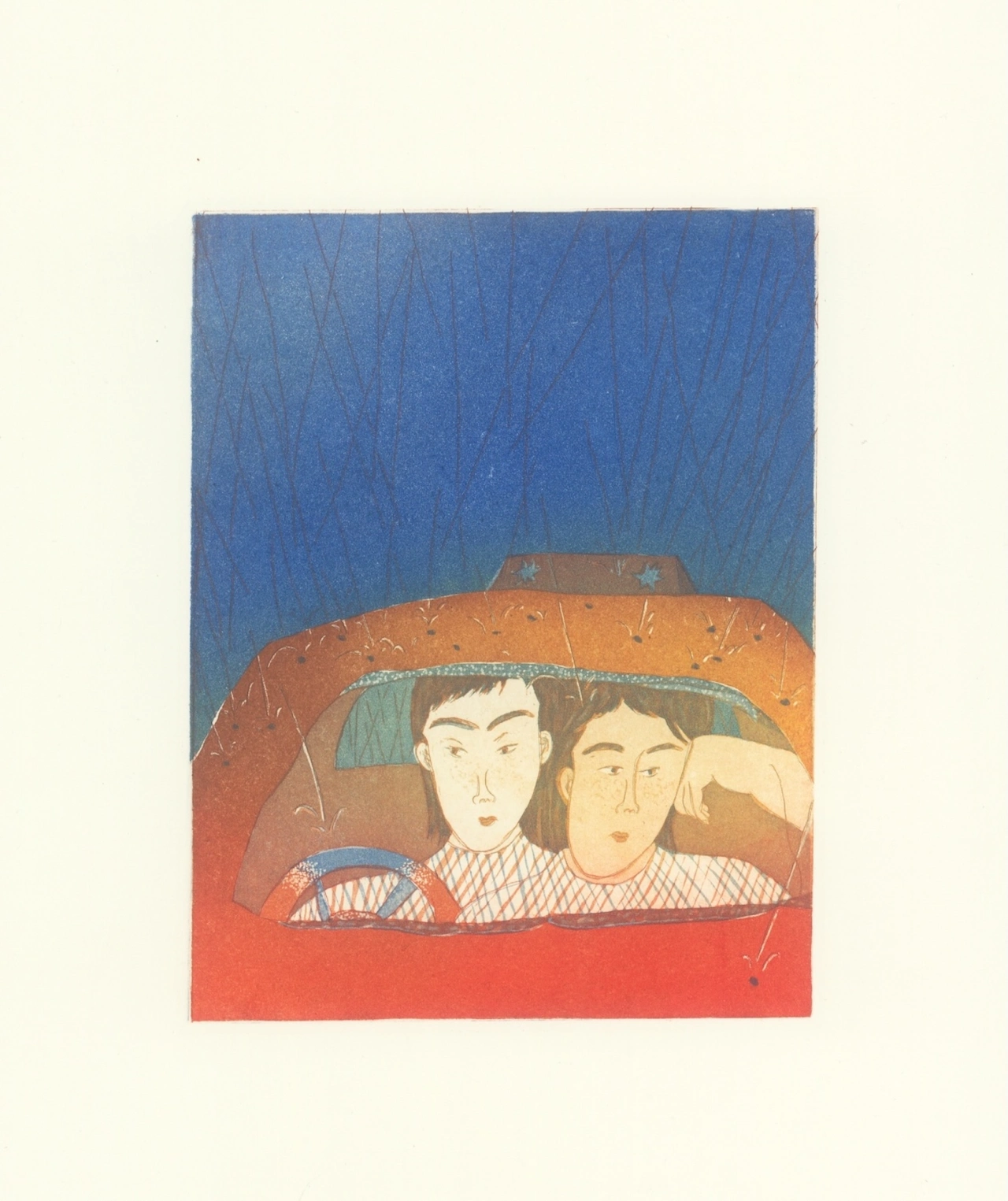 Stylised illustration of two figures in the front seats of an orange car against a blue background, depicted in a woodblock print style with muted tones