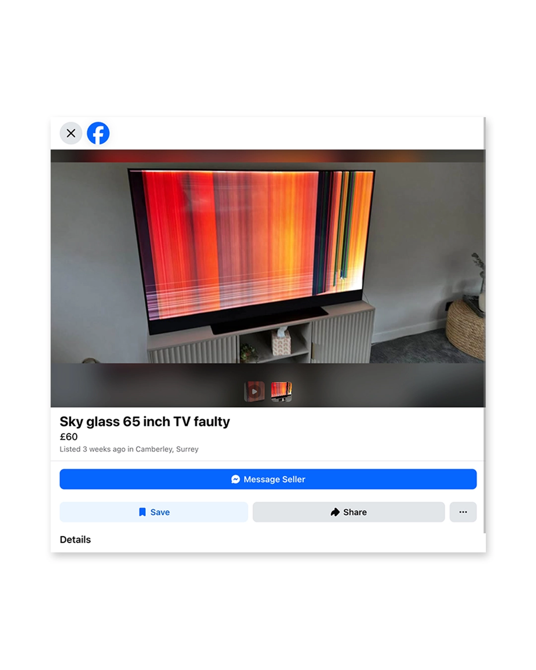 Sky Glass 65 inch TV with red and orange vertical lines displayed on screen, mounted on wall above white storage unit in a domestic setting, from a Facebook Marketplace listing