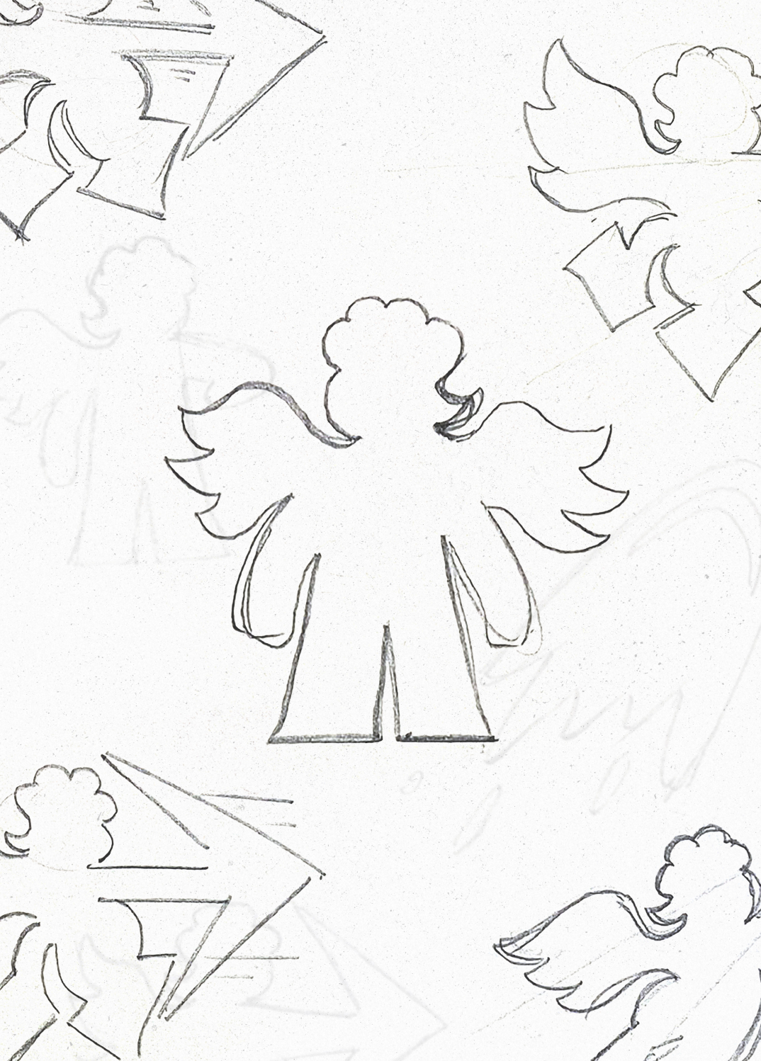 Pencil sketches of Cupid figure studies with winged cherub designs in various poses and angles