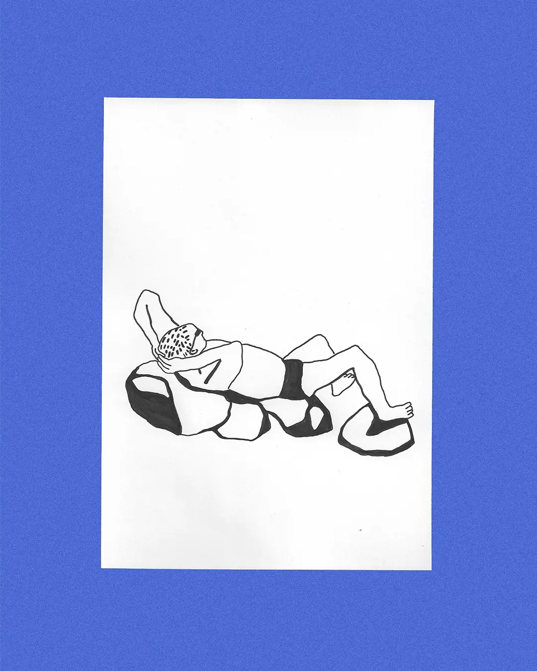 Line drawing of a figure lying on rocks in black ink on white paper