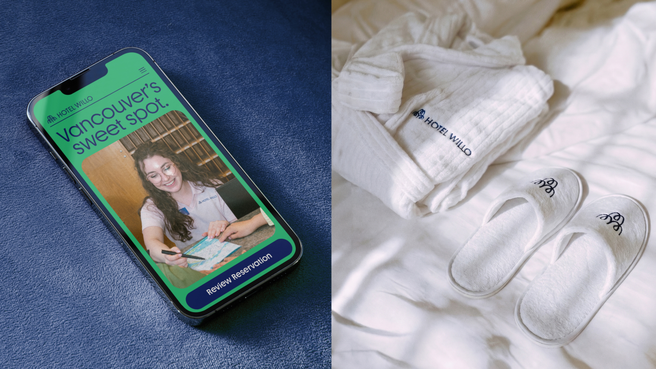 Smartphone displaying Hotel Willo branding alongside white branded socks and slippers on a bed