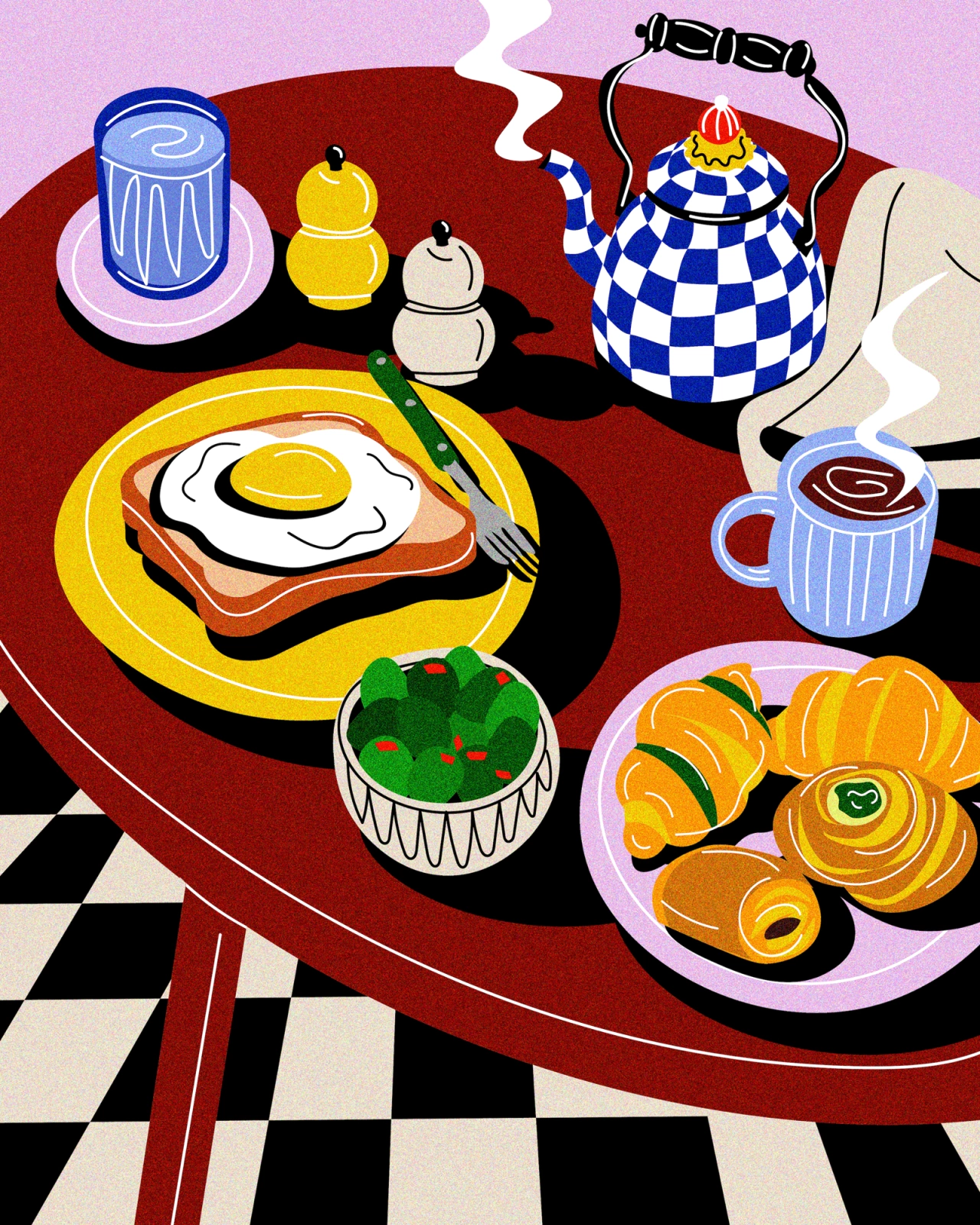 Colourful breakfast spread illustration featuring a fried egg on toast, croissants, salad, pastries, blue patterned teapot and striped cups on a red table with checkered floor