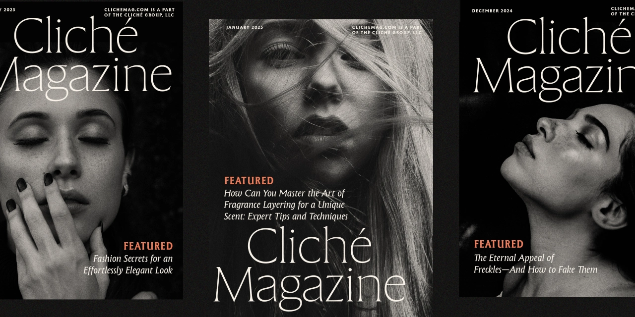 Three monochrome magazine covers for Cliché Magazine featuring close-up portrait photography and typography highlighting fashion and beauty features