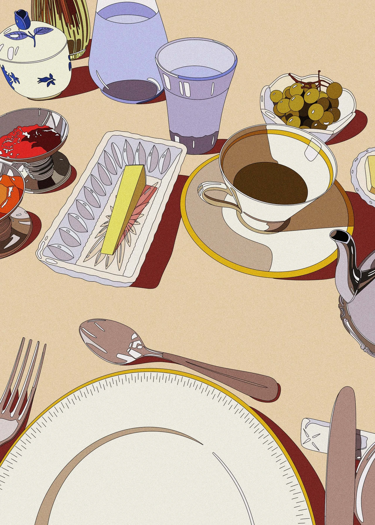 Overhead illustration of a laid table with a coffee cup, bread basket, olives, glasses of juice and wine, and cutlery arranged on a beige background