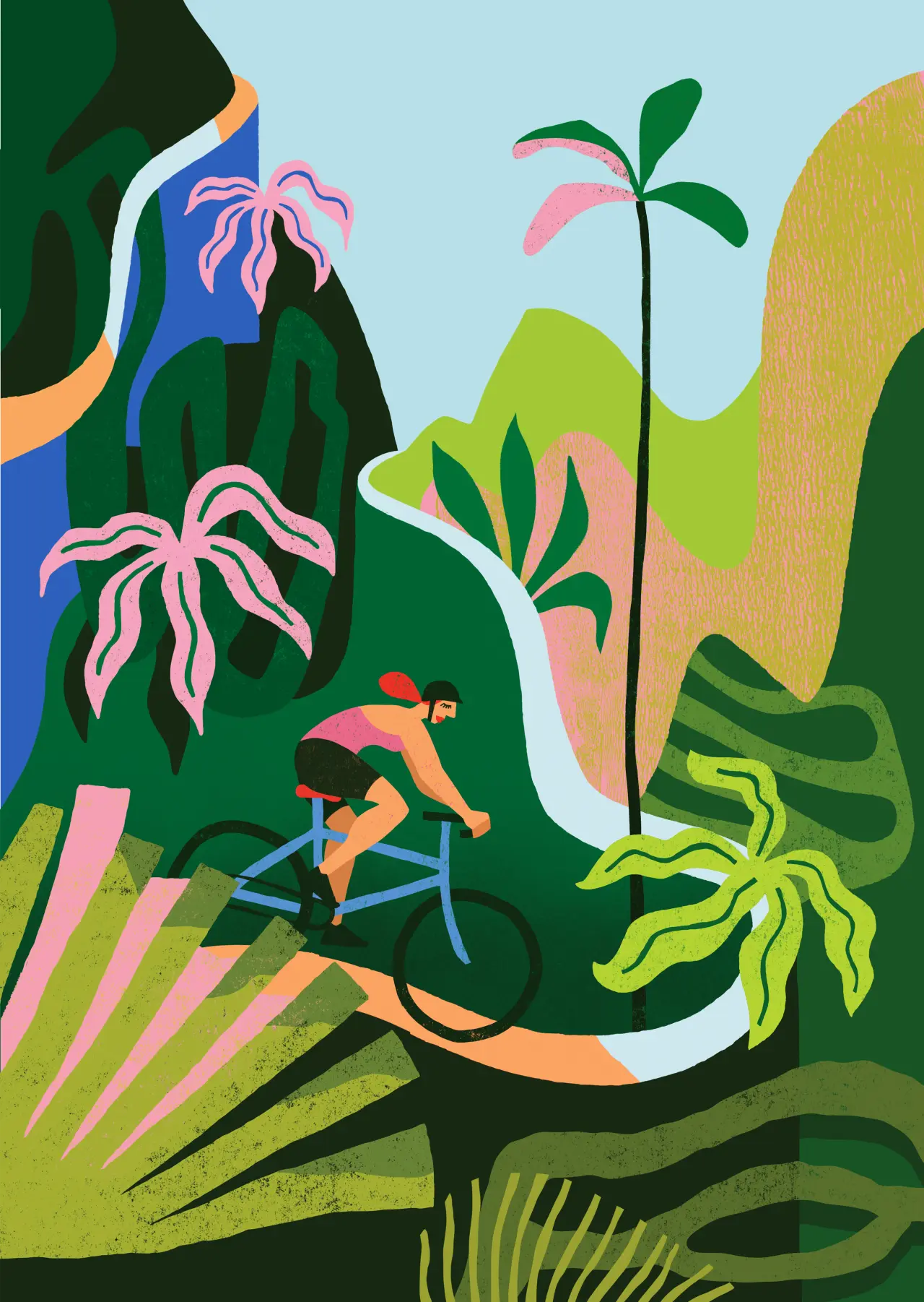 Vibrant illustration of a person on a colourful bike cycling through a lush jungle landscape with towering plants and pink flowers