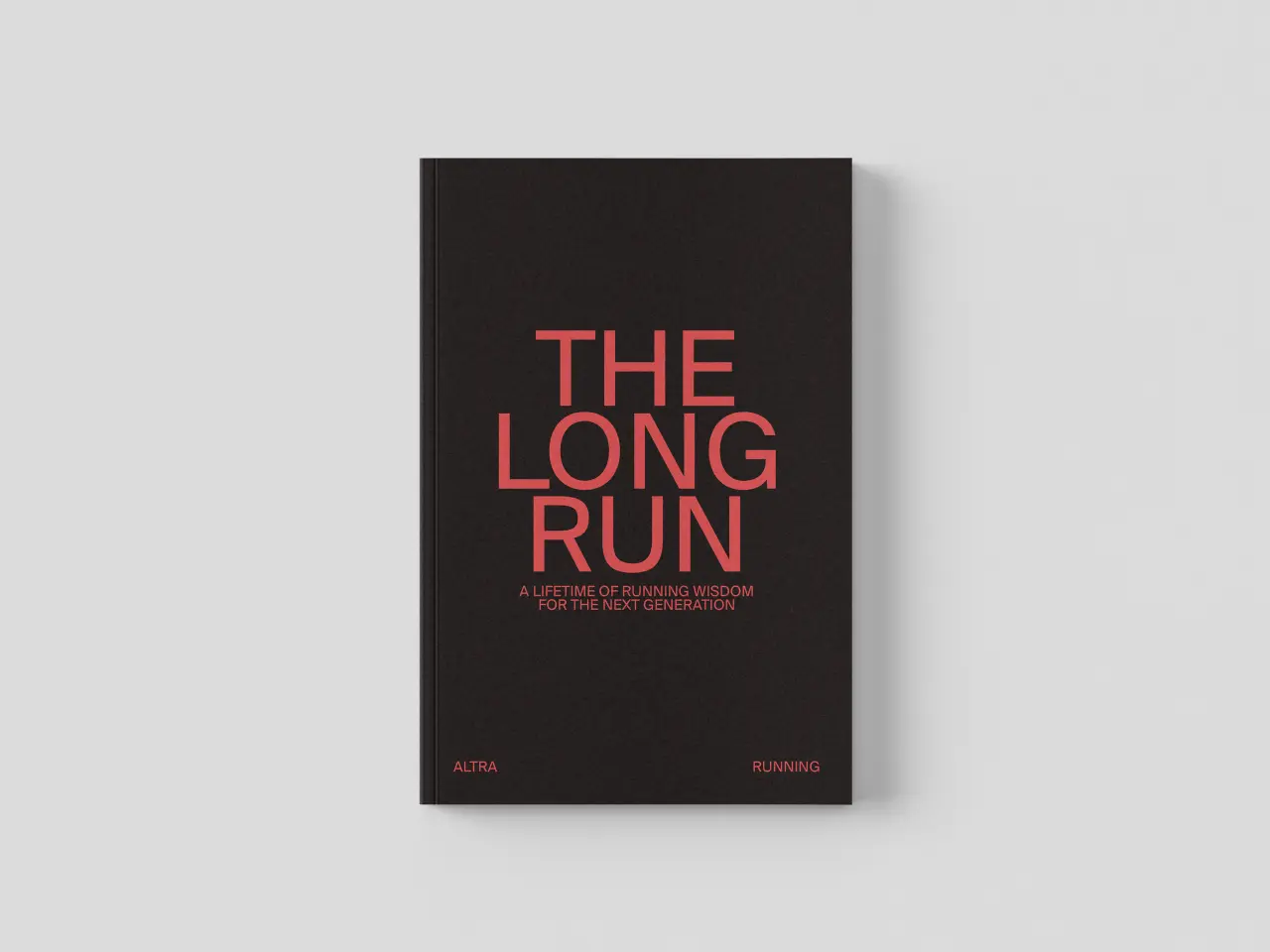 Black book cover with coral red text reading The Long Run, subtitle about running wisdom, with Altra and Running branding at bottom
