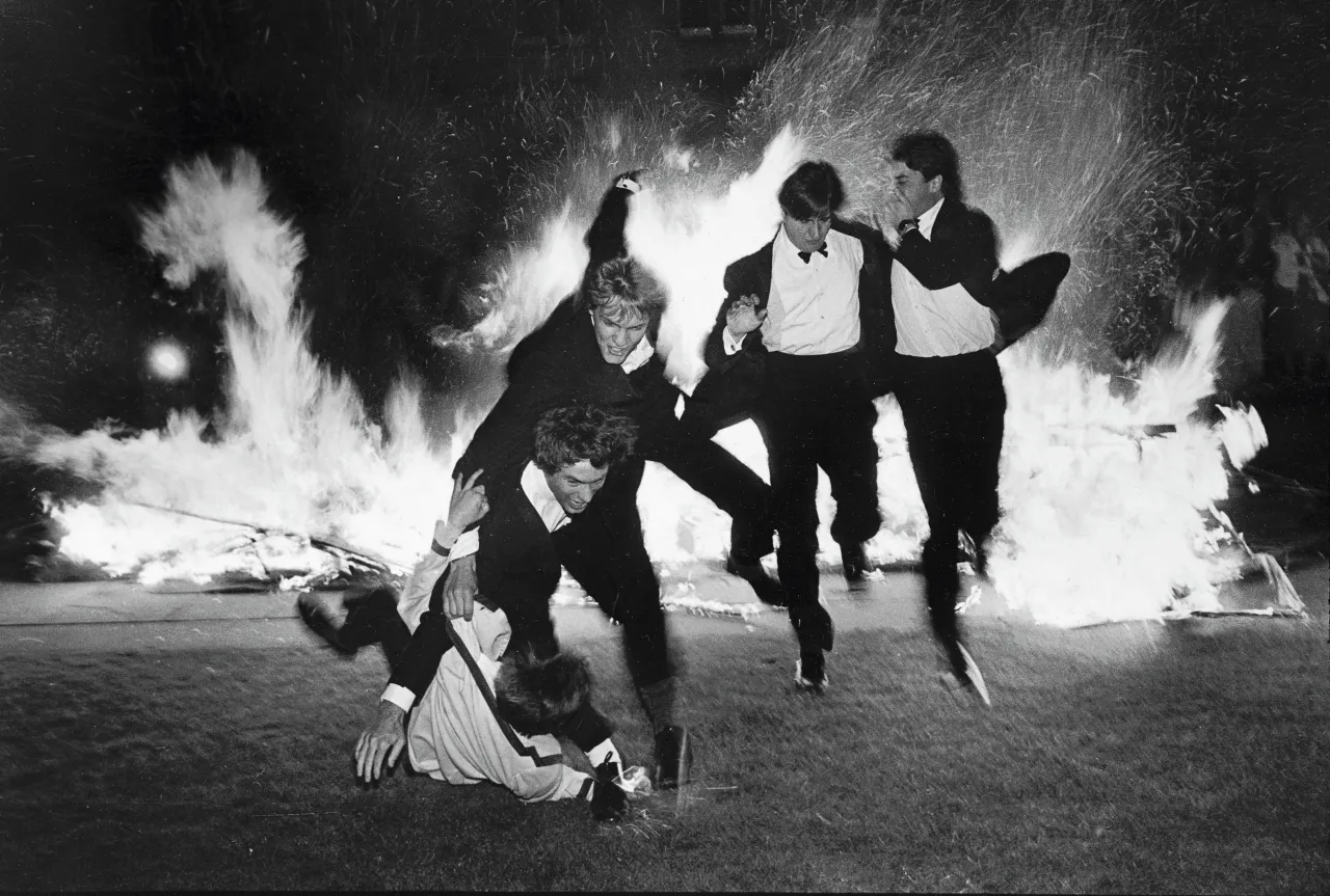 Burning Boat, Oriel Oxford, 1984 © Dafydd Jones, from the book The Last Hurrah published by STANLEY/BARKER