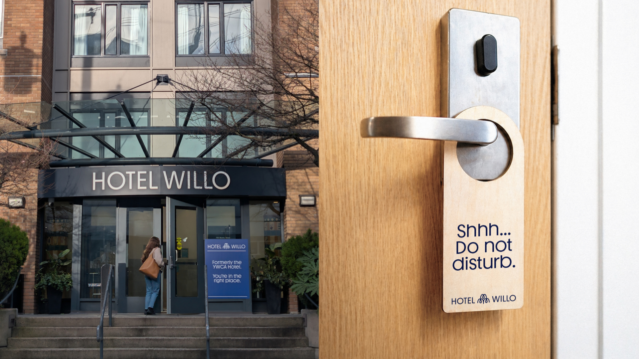 Hotel Willo exterior storefront and a wooden door with a brushed metal handle displaying a do not disturb sign