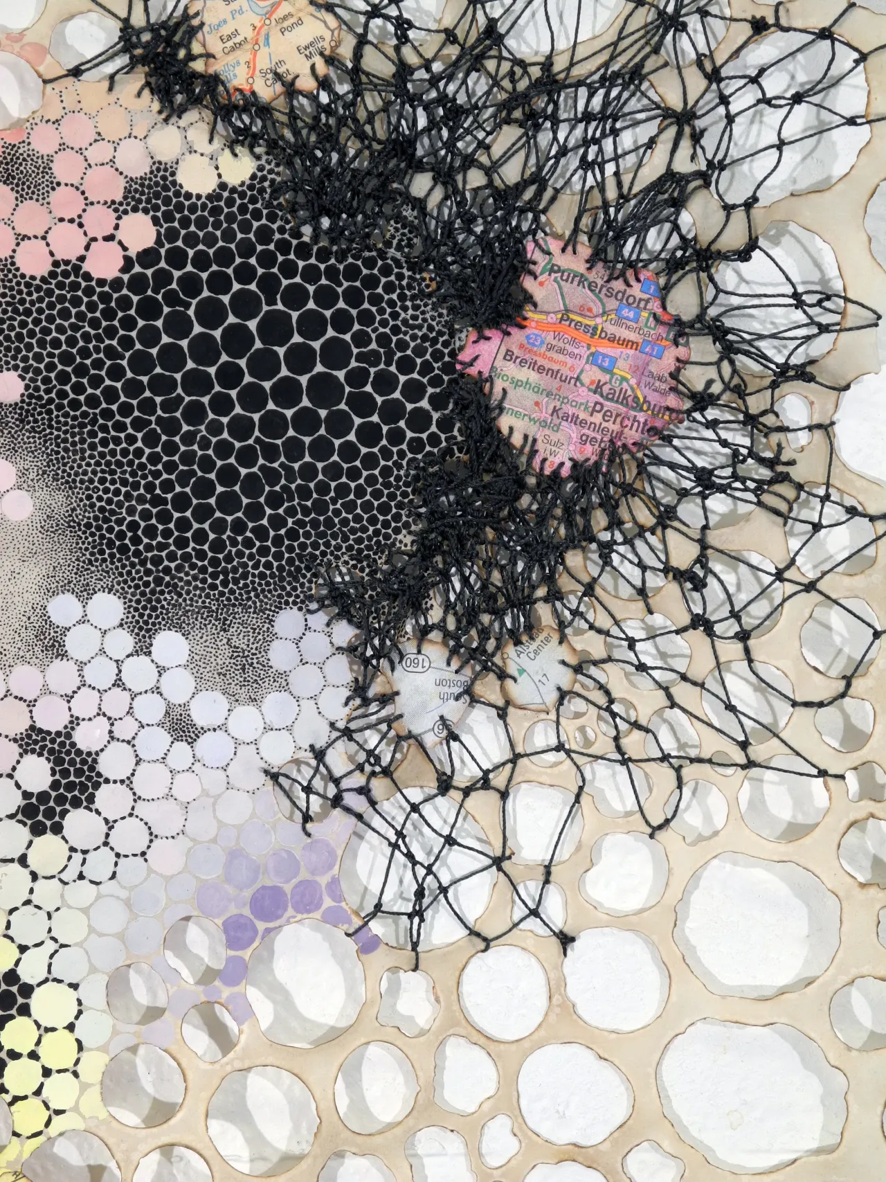 Impedos Karen Margolis Impedes, 2018 watercolor, gouache, maps, thread on Abaca paper 14”x11” Courtesy of the artist and Garis & Hahn