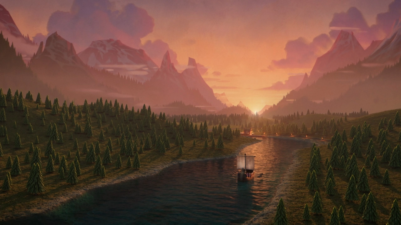 Epic fantasy landscape with misty mountains, dense forests and a river at sunset, with a solitary Viking boat in the water