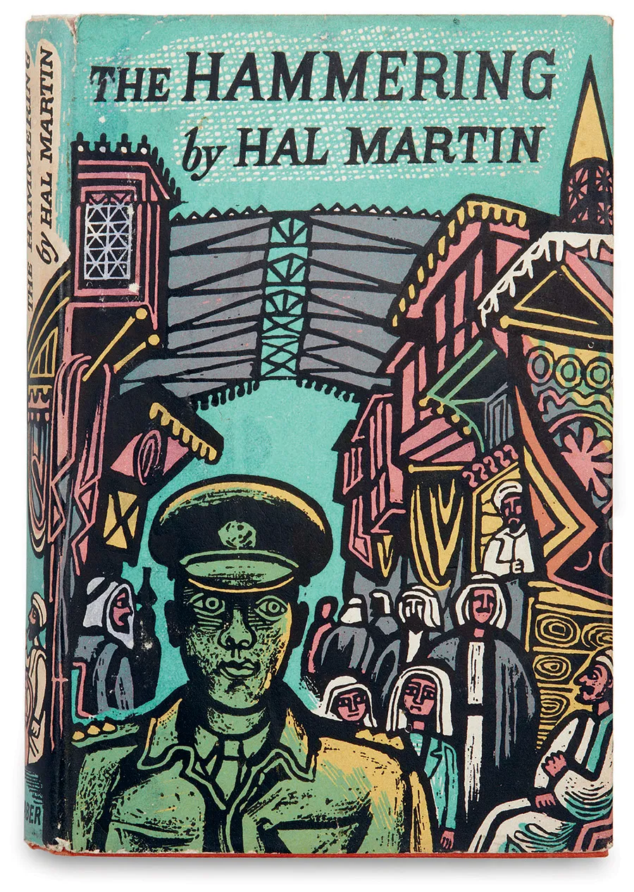 Edward Bawden. The Hammering, Hal Martin. Faber and Faber, 1960 © The Estate of Edward Bawden. Edward Bawden’s prolific output across many areas of fine and applied arts included the design of numerous dust jackets through all of the decades covered by this book. His lino-cutting techniques informed his colour-separation line work, where he would use a knife to scrape away areas of black ink to create texture.