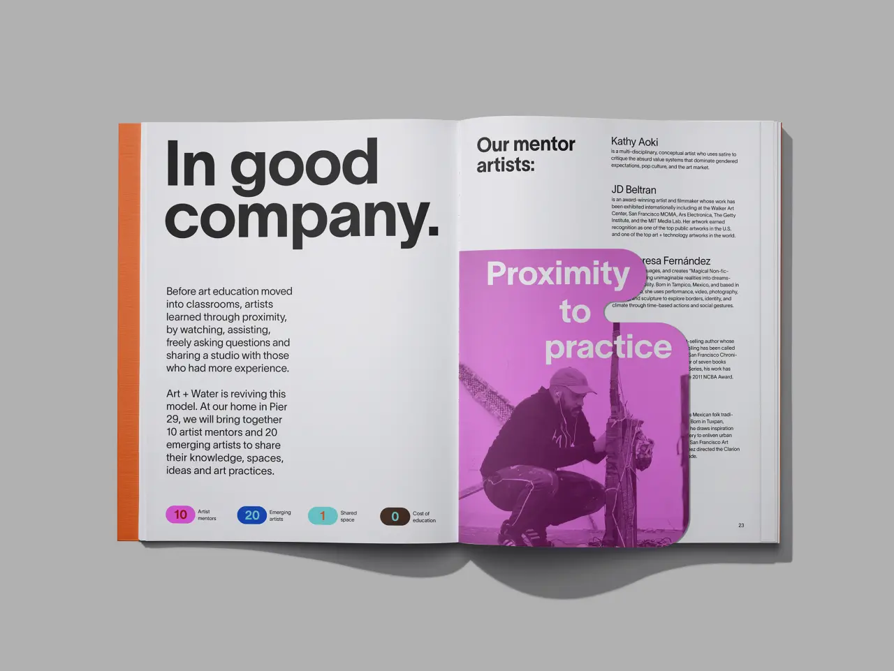 Double-page spread from Art + Water's publication showing "In good company" on the left page with text and coloured logos, and "Proximity to practice" on the right with a purple overlay photograph of an artist at work
